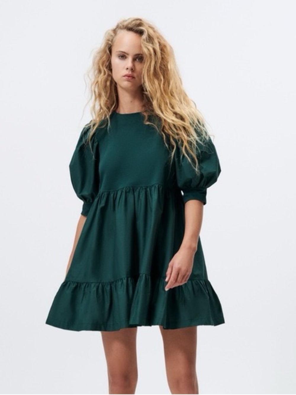 Zara Dark Green Puff Sleeve Tiered Mini Dress